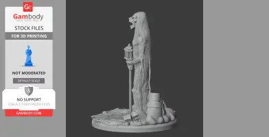 Tall, elongated creature with a lantern and textured body, surrounded by debris on a round base.