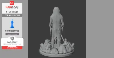 A tall, textured figure with elongated limbs stands on a detailed base with barrels and structures.