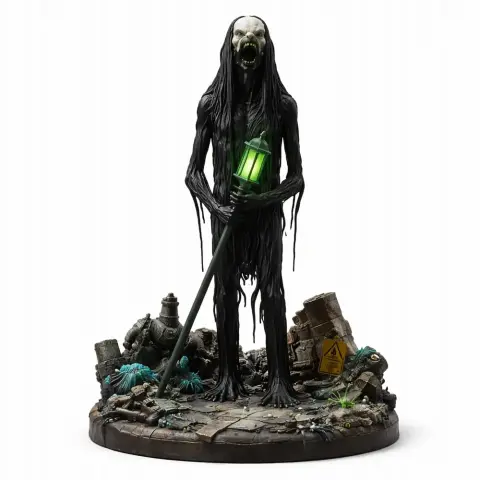 Tall, slender creature with long hair holding a glowing object, stands on a detailed rubble base.