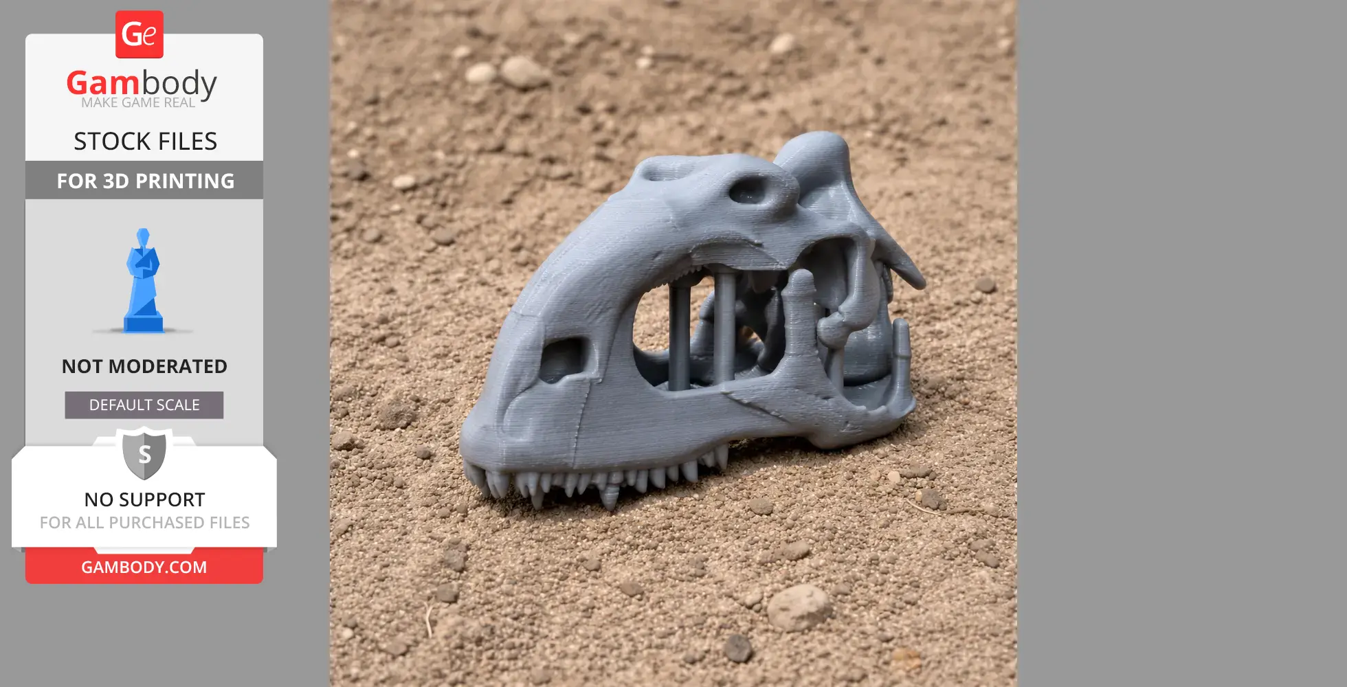3D printed Rajasaurus skull replica displayed on textured soil.