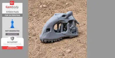 3D printed Rajasaurus skull replica displayed on textured soil.