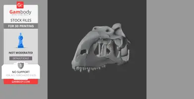 Gray Rajasaurus skull model, side view, displaying detailed bone structure for 3D printing.