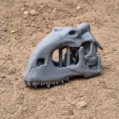 Gray 3D-printed Rajasaurus skull replica resting on sandy ground.