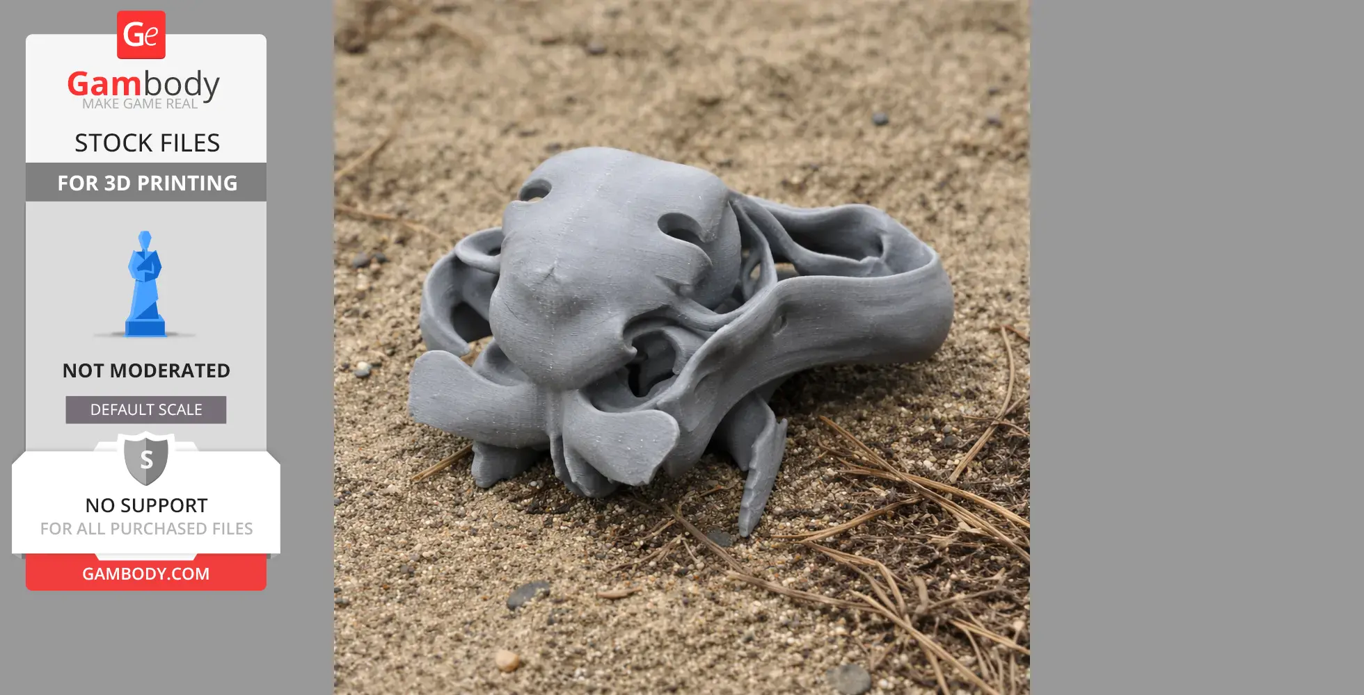 A 3D-printed dodo skull replica on sandy ground.