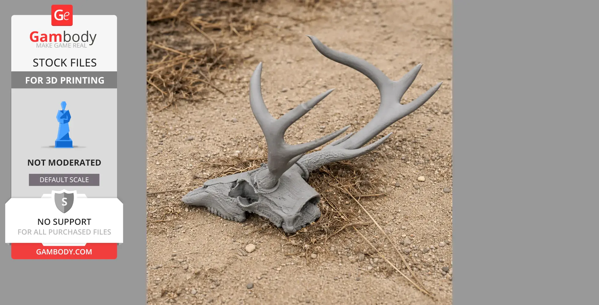 3D-printed reindeer skull with antlers lying on sandy ground.