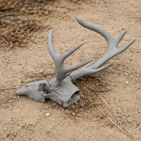 3D printed reindeer skull with antlers, displayed on sandy ground.