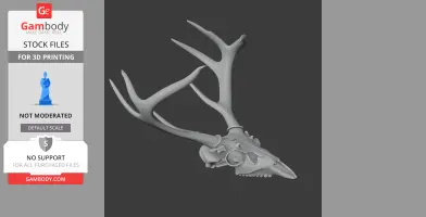 A detailed 3D model of a reindeer skull with prominent antlers for printing.