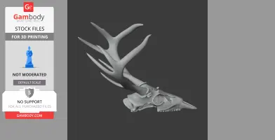 3D model of a detailed reindeer skull with large antlers, suitable for 3D printing.