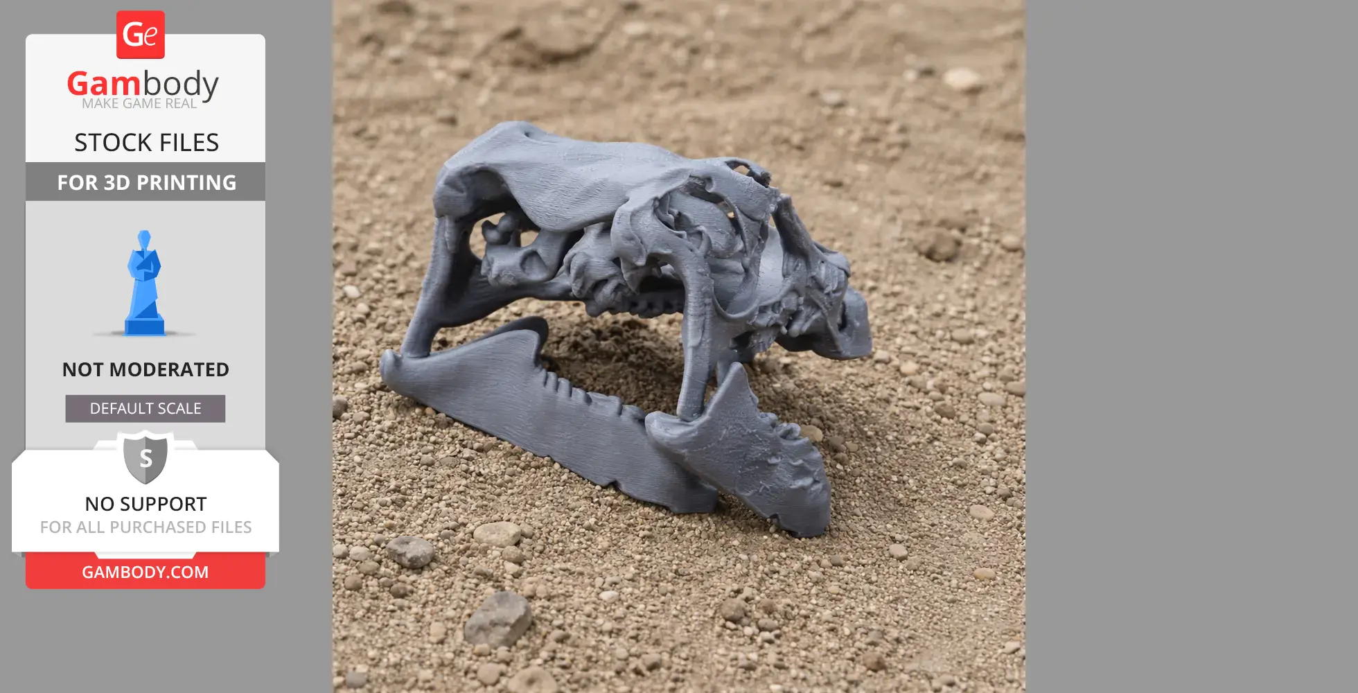 3D-printed Rhabdodon skull model in grey, displayed on a textured surface.