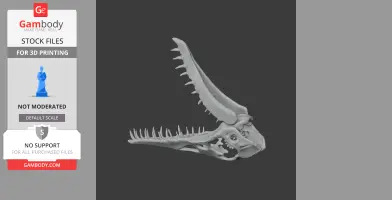 3D model of a Rhamphorhynchus skull with open jaws, showing teeth and skeletal details.
