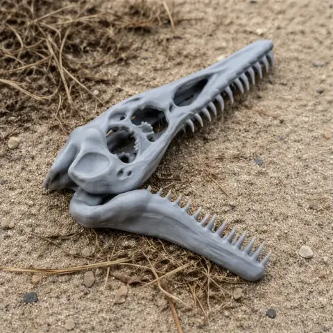 Gray 3D-printed Rhamphorhynchus skull replica on sandy ground with sparse vegetation.