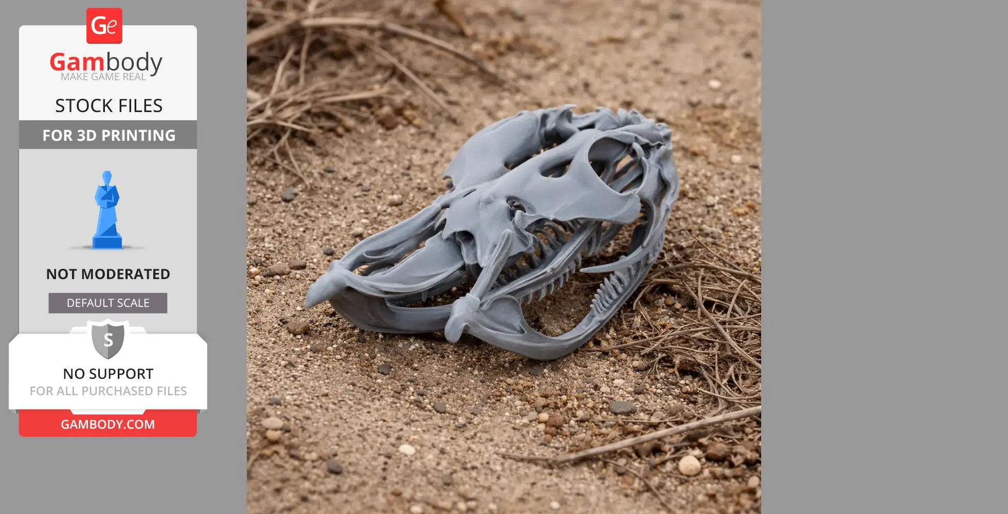 A detailed 3D-printed rhinoceros viper skull replica, displayed on sandy ground.