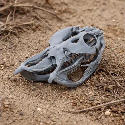 3D-printed rhinoceros viper skull replica resting on sandy ground, showcasing detailed bone structure.