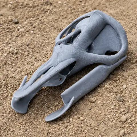 3D-printed Rhinorex skull replica, gray, placed on a sandy surface.