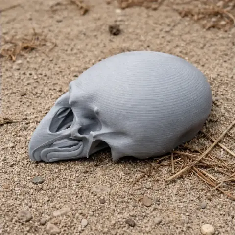 3D printed gray riflebird skull replica resting on sandy ground with scattered twigs.