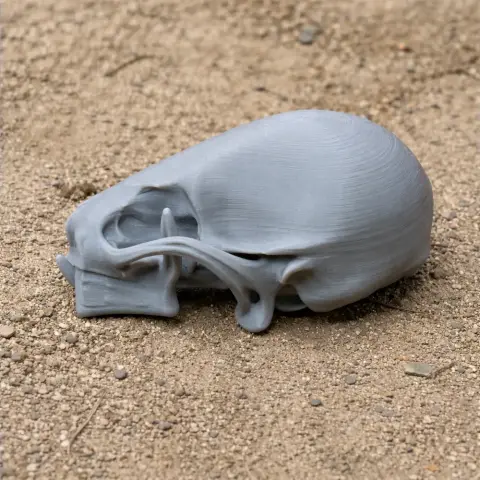 3D printed Rinchenia skull replica resting on sandy ground.