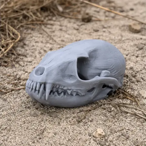 3D-printed ringtail skull replica on sandy ground.