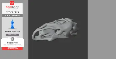 3D model of a Riojasuchus skull, designed for 3D printing, displayed in grayscale.