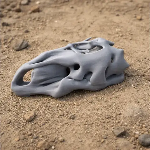 3D-printed gray Riojasuchus skull replica on a sandy surface.