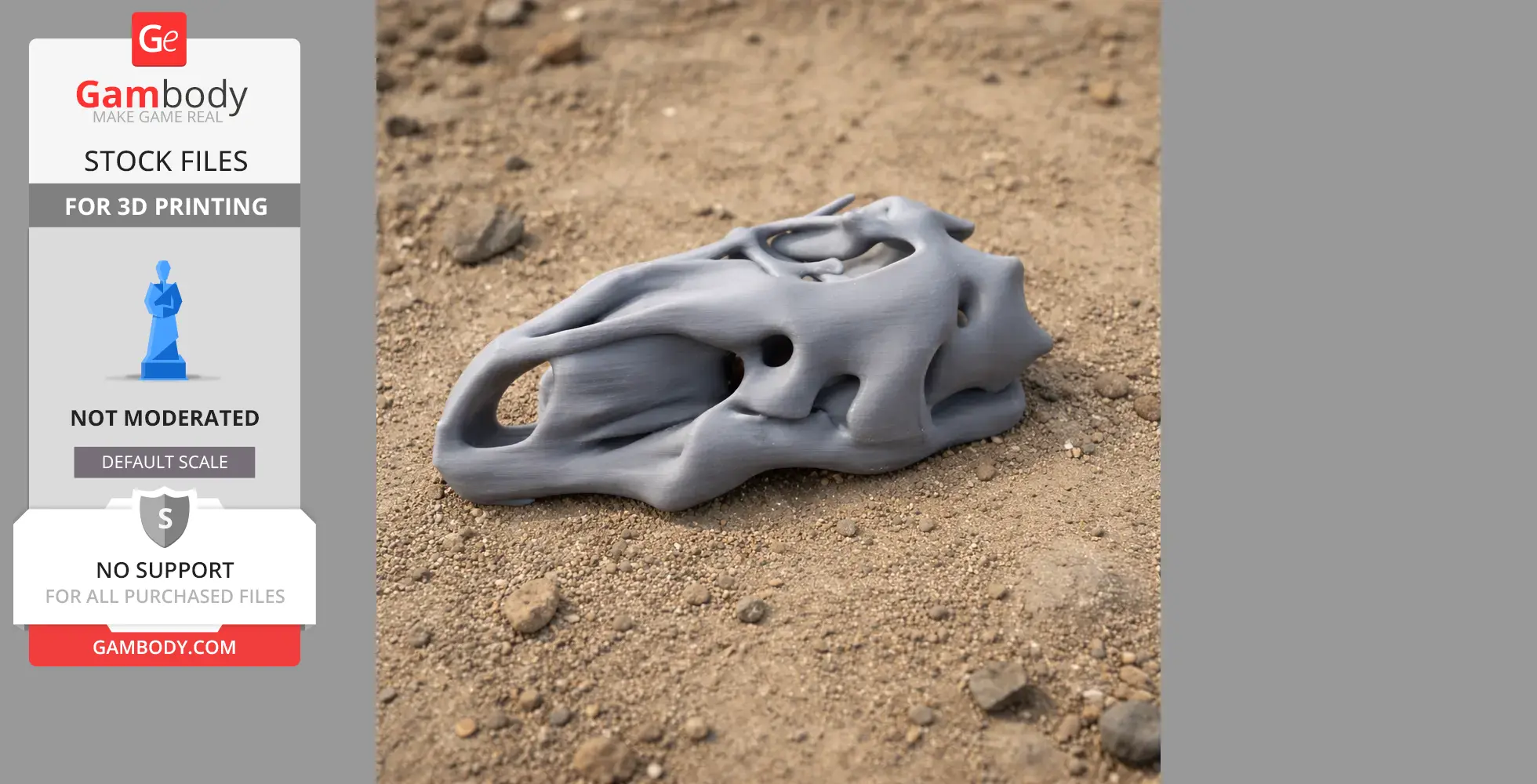 Gray 3D-printed Riojasuchus skull replica on sandy ground.