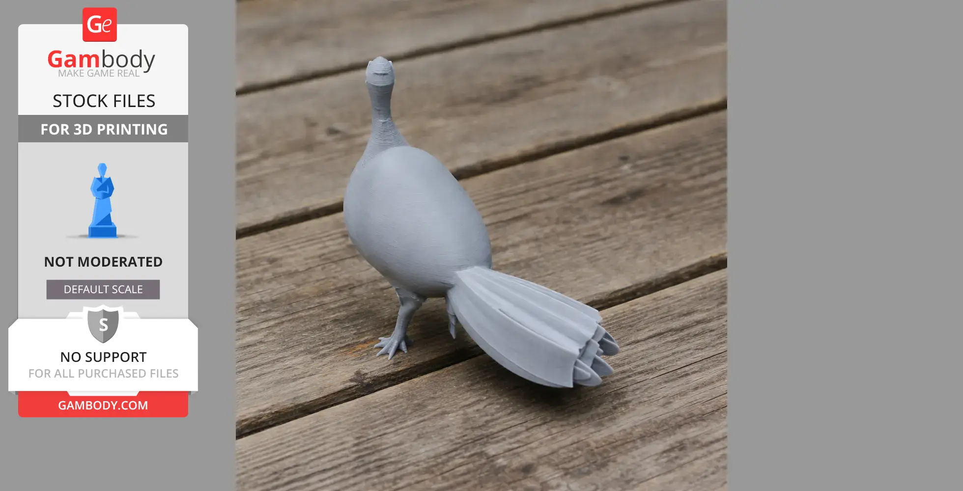 3D printed model of an Australian brushturkey, standing on a wooden surface.