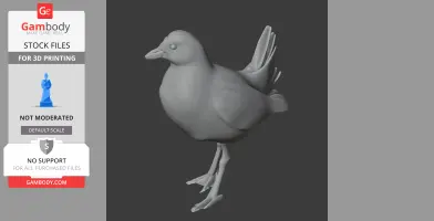 A 3D model of a bird with detailed feathers and legs, designed for 3D printing.