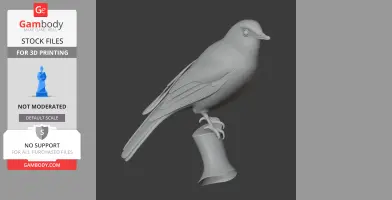 3D model of a bird perched on a branch, designed for 3D printing.