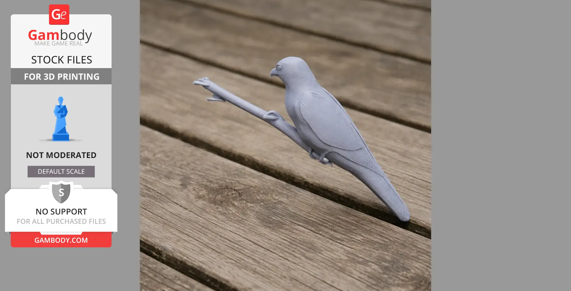 3D printed model of a bird perched on a branch, displayed on wooden surface.