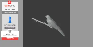 3D model of a bird perched on a branch, designed for 3D printing.