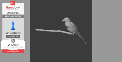 3D model of a bird perched on a branch, suitable for 3D printing.