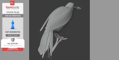 A 3D model of a bird perched, designed for 3D printing, showing detailed feathers and legs.
