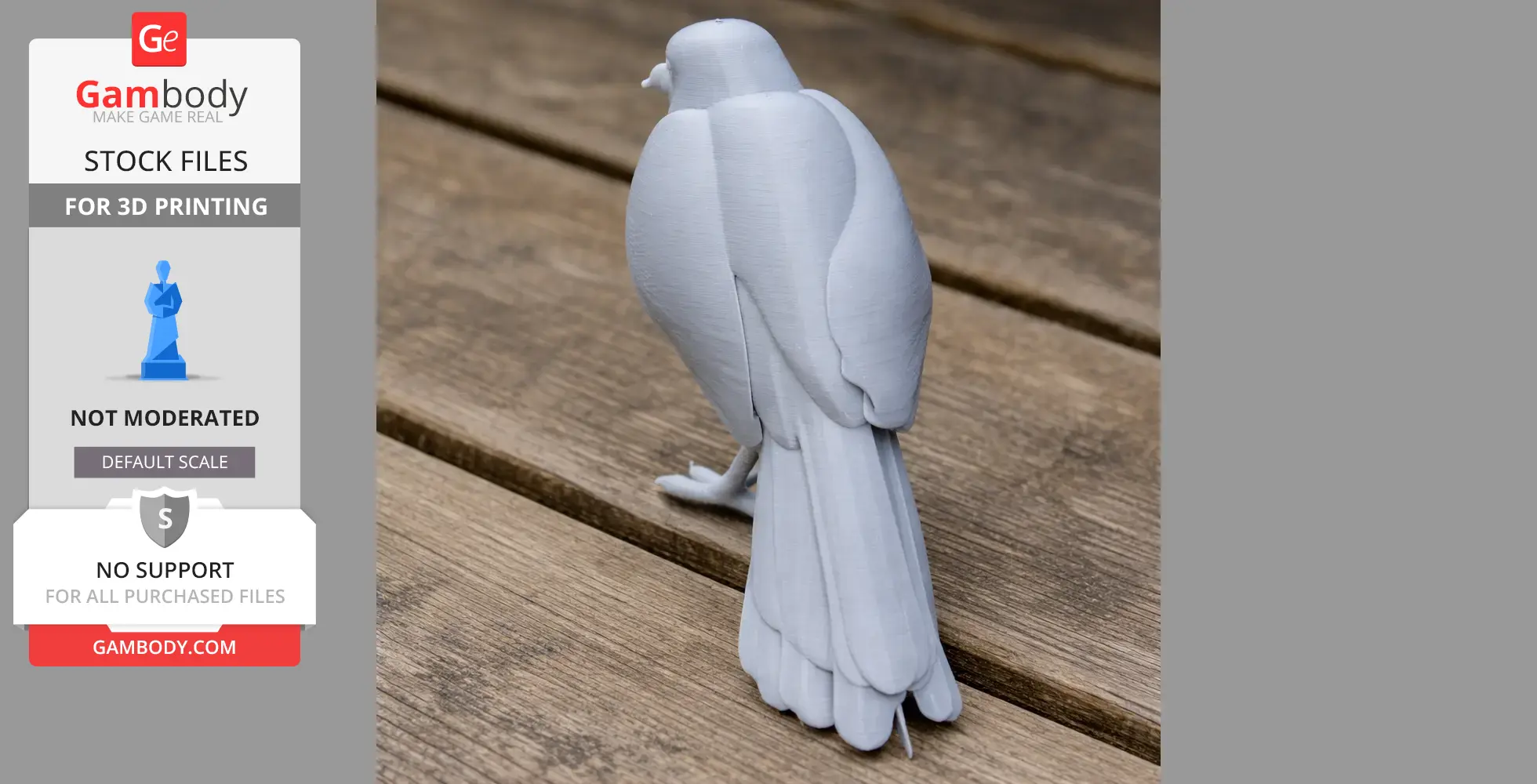 A 3D-printed model of a bird standing on a wooden surface, viewed from the back.