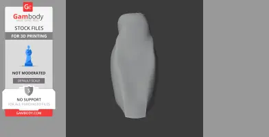 Gray 3D model of a simplified owl silhouette, viewed from the front, for 3D printing.