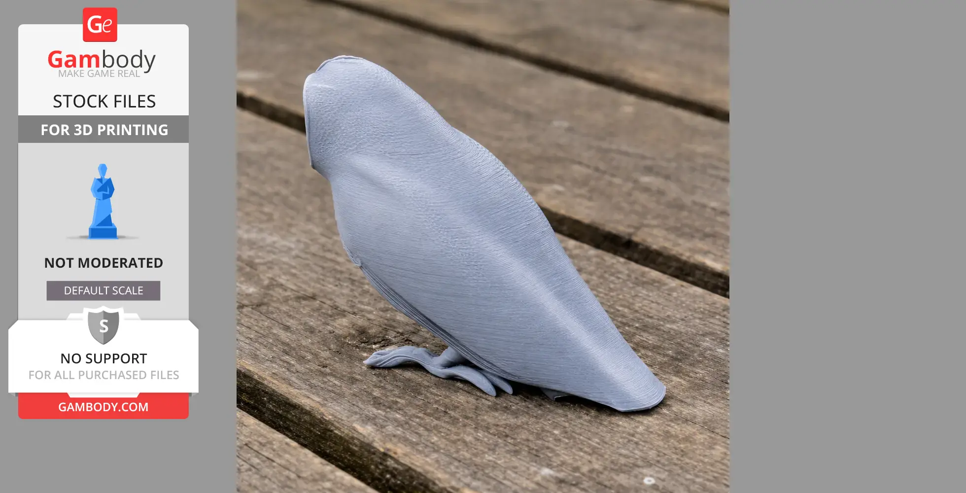 Gray 3D printed model of an Australian masked owl on a wooden surface.