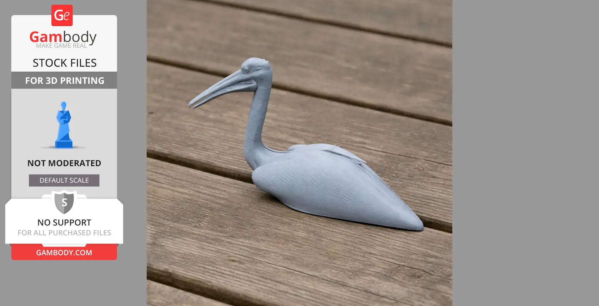 Gray 3D-printed Australian pelican model resting on a wooden surface.