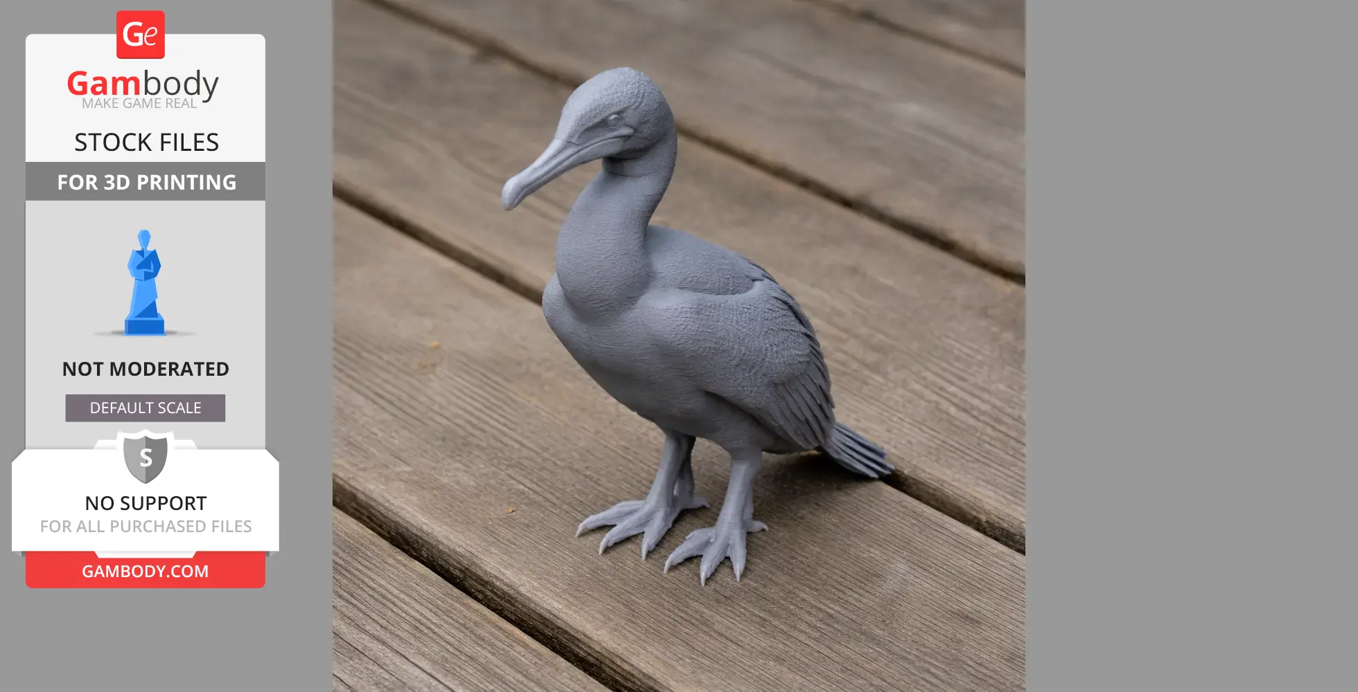 A 3D-printed Australian pied cormorant model on wooden surface, showing detailed texture.