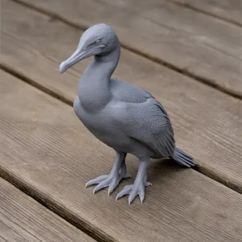 3D model of an Australian pied cormorant, standing on a wooden surface, detailed and lifelike.