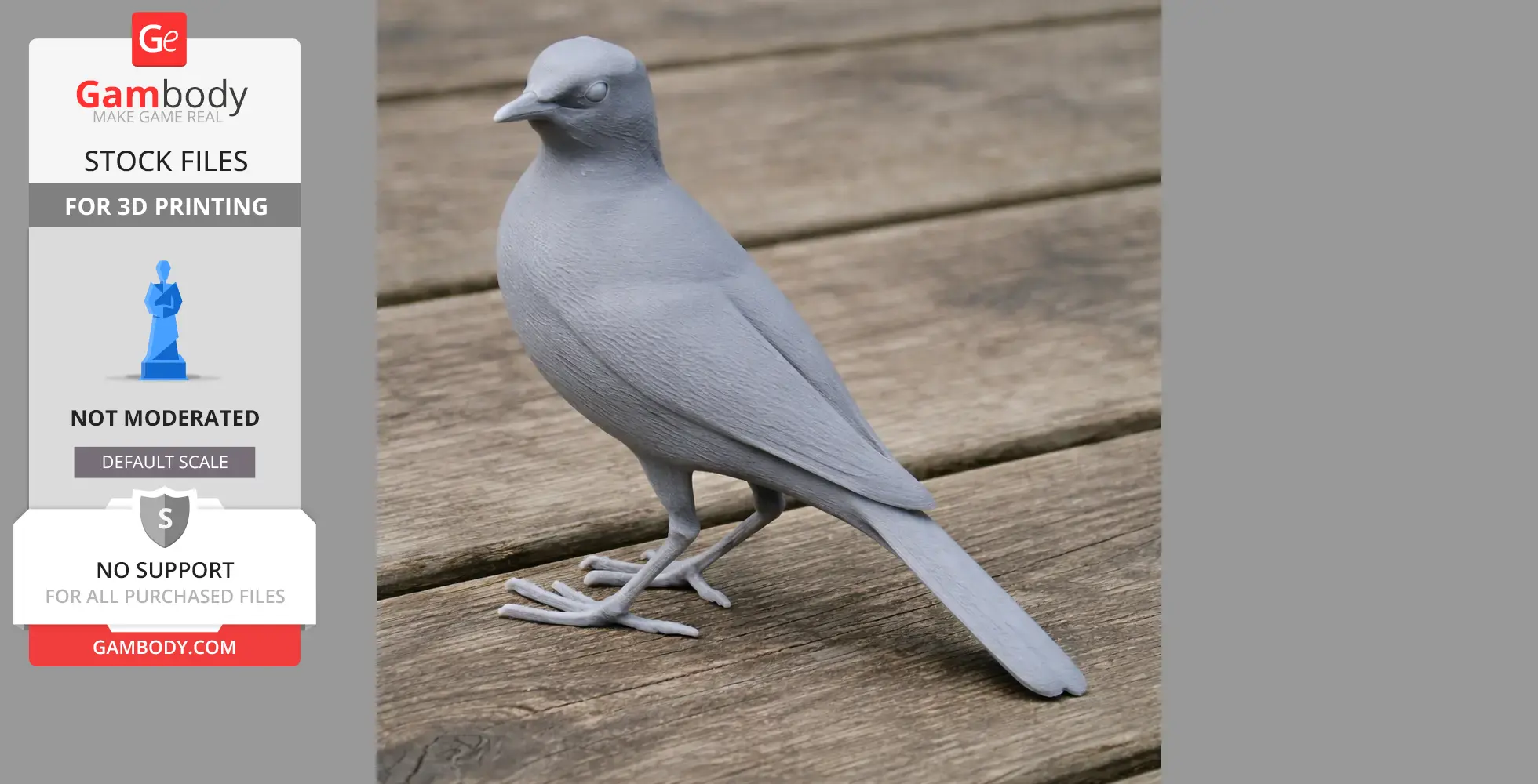 A 3D-printed model of a bird with detailed feathers, perched on a wooden surface.