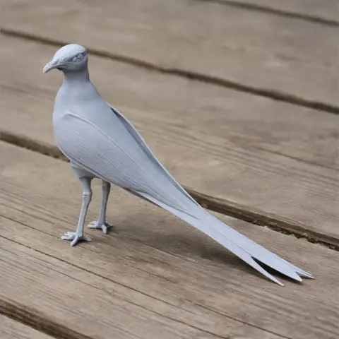 3D-printed model of an Australian pratincole, detailed feathers, standing on a wooden surface.