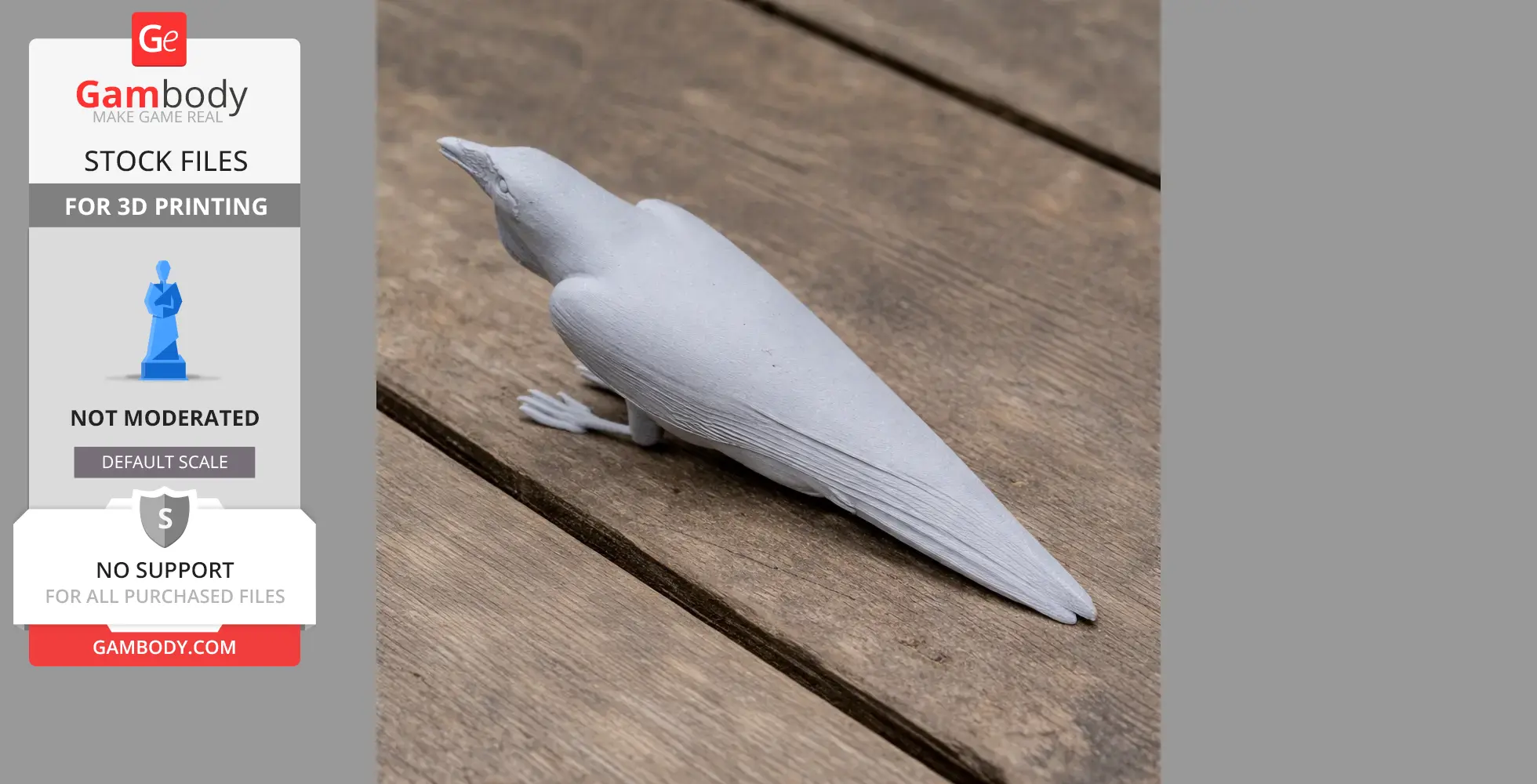 3D printed model of a perched Australian raven, shown on a wooden surface.