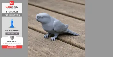 Gray 3D-printed model of an Australian ringneck parrot on a wooden surface.