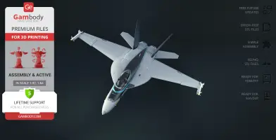 3D model of an F-18 Super Hornet from TOPGUN, ready-to-print STL file advertisement by Gambody.