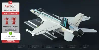 A 3D model of an F-18 Super Hornet on a display stand, ready for 3D printing.