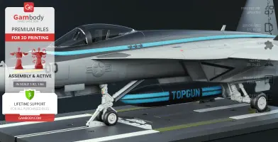 F-18 Super Hornet model for 3D printing, features 'TOPGUN' and detailed landing gear.