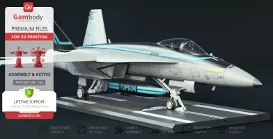 F-18 Super Hornet 3D model for 3D printing, labeled 'TOPGUN', on display stand.