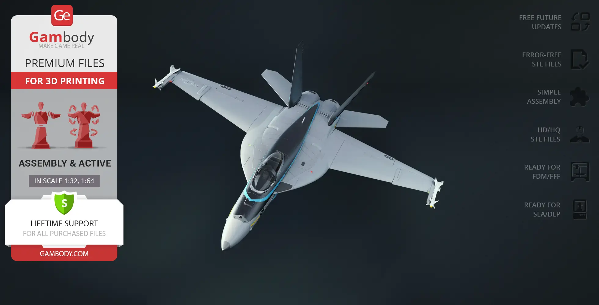 3D model of an F-18 Super Hornet from TOPGUN, ready-to-print STL file advertisement by Gambody.