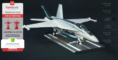 F-18 Super Hornet 3D model for printing, displayed on a stand with 'TOPGUN' branding.