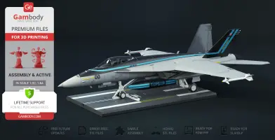 3D model of F-18 Super Hornet from Top Gun, ready for 3D printing, displayed on a stand.