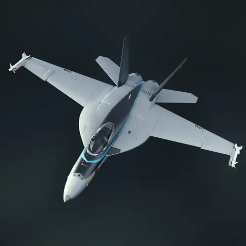 3D model of an F-18 Super Hornet jet, shown from above with wings and cockpit details.