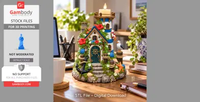 Colorful coastal lighthouse model with floral details, seagull, and ropes, designed to hold an LED light.